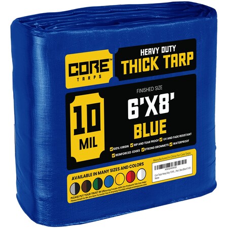 Core Tarps Heavy Duty Tarp, 8 ft L x 0.5 mm H x 6 ft W, 10 Mil, Blue, Polyethylene CT-605-6X8